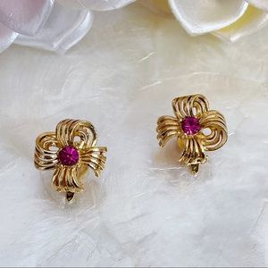 Gold Tone Cutout Bow Faux Ruby Gem Clip On Dainty Earrings Wedding Bridal